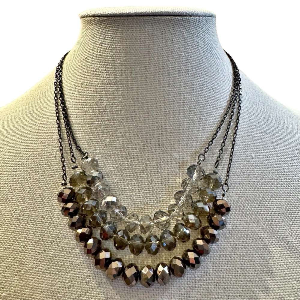 Express Triple Strand Faceted Glass Bead Necklace Gunmetal Chain Smoky Copper